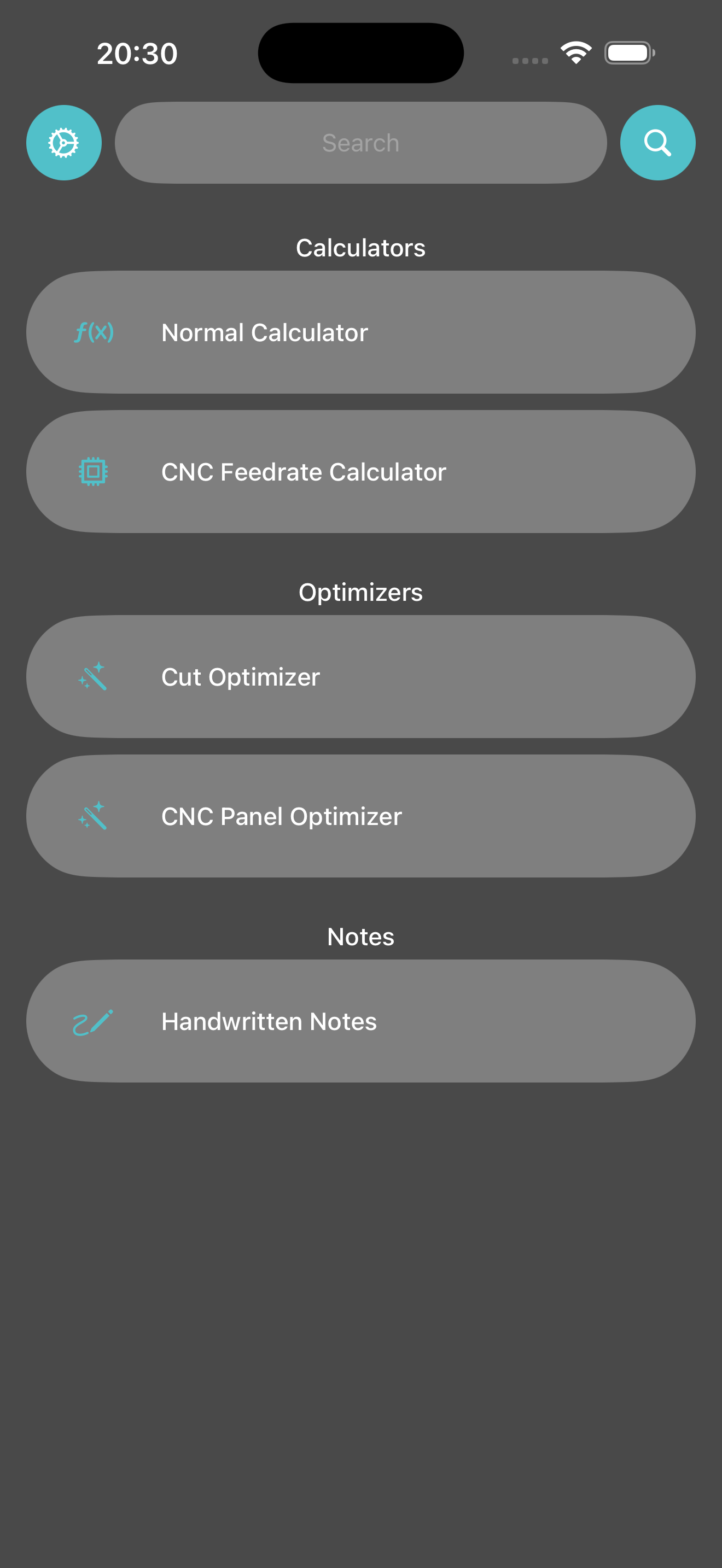WoodTools home screen with calculators, optimizers, and handwritten notes